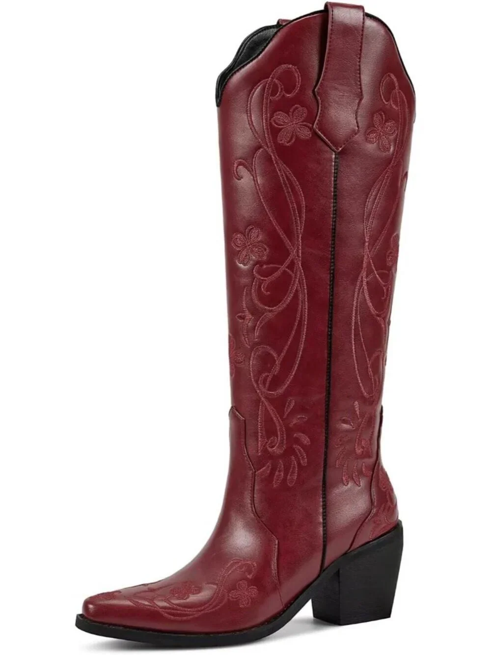 Women's Red Floral Knee High Cowgirl Boots Embroidered Pointed Toe Chunky Heel